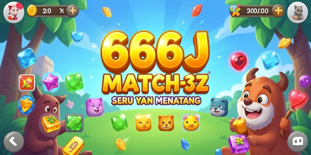 Screenshot permainan 666J yang menunjukkan momen seru di level Match-3.