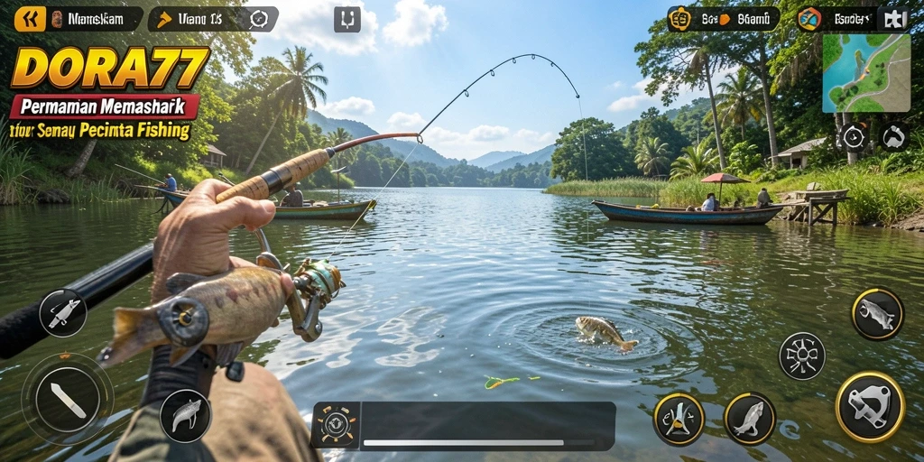 Tangkapan layar gameplay DORA77 yang menggambarkan aksi memancing seru.