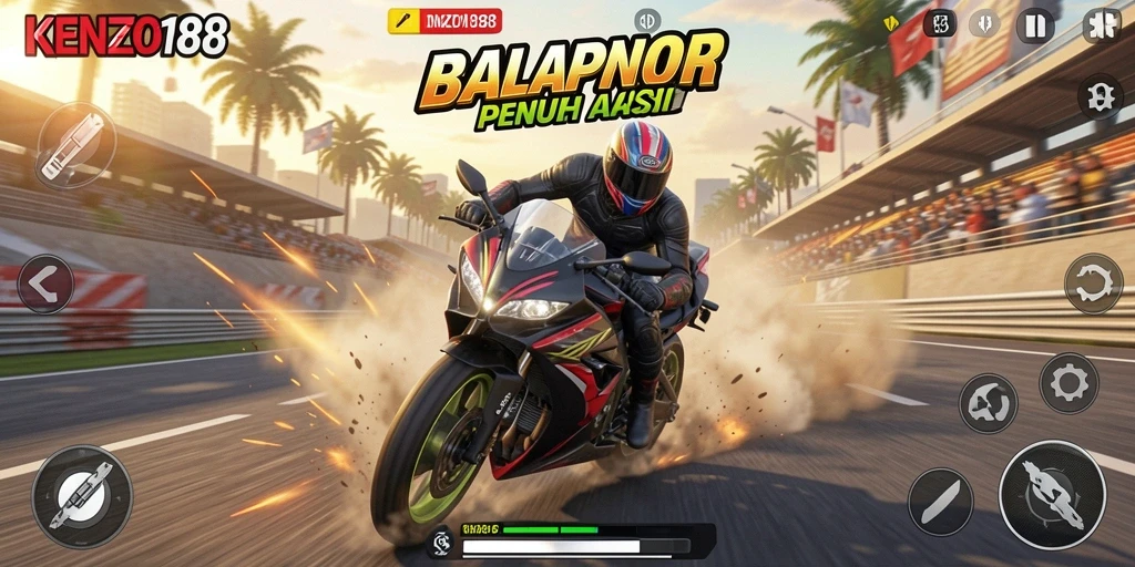 Tampilan gameplay KENZO188 dengan aksi balapan motor seru.