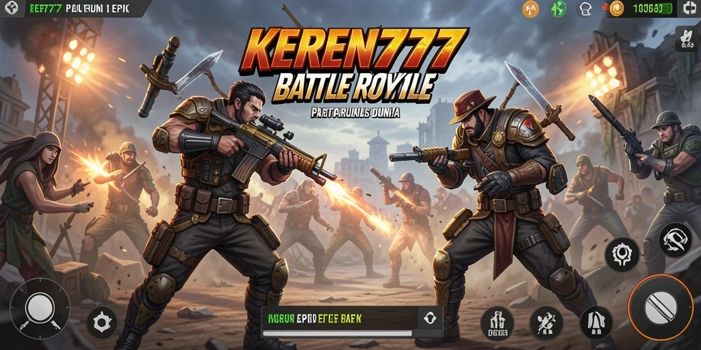 Screenshot gameplay KEREN777 menampilkan aksi pertempuran intens di arena Battle Royale.