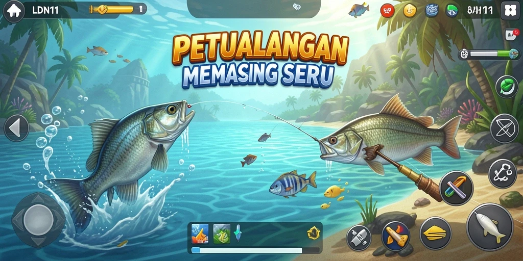 Gameplay LDN11 yang menegangkan saat memancing ikan besar.