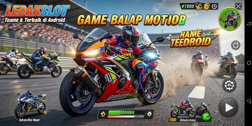 Tampilan gameplay LEDAKSLOT dengan trek balap motor yang menantang.