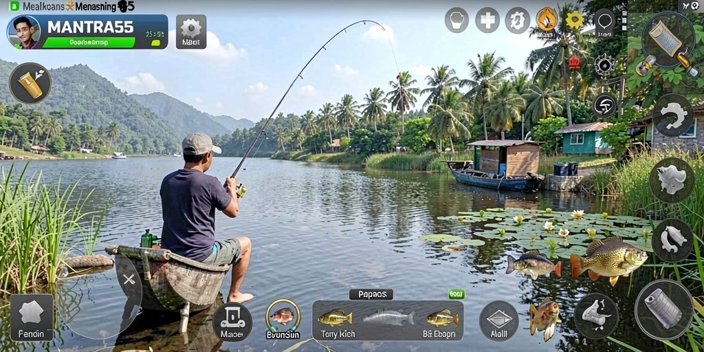 Screenshot gameplay MANTRA55 menampilkan pengalaman memancing yang mendebarkan.