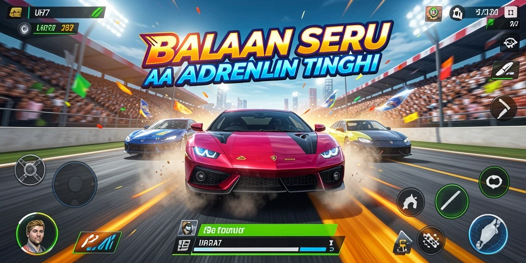 Screenshot gameplay UH77 menampilkan adrenalin tinggi saat balapan.