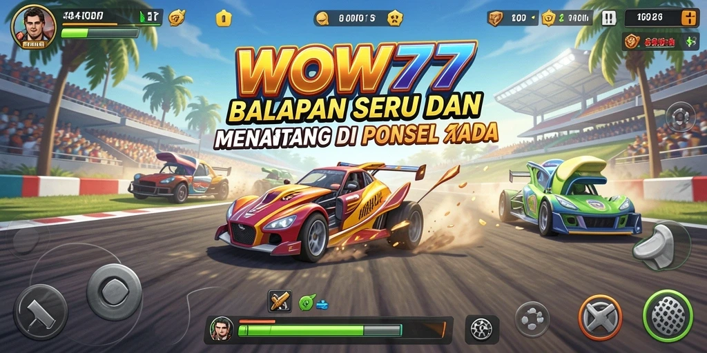 Tampilan gameplay WOW77 dengan mobil balap yang cepat dan lintasan menarik.